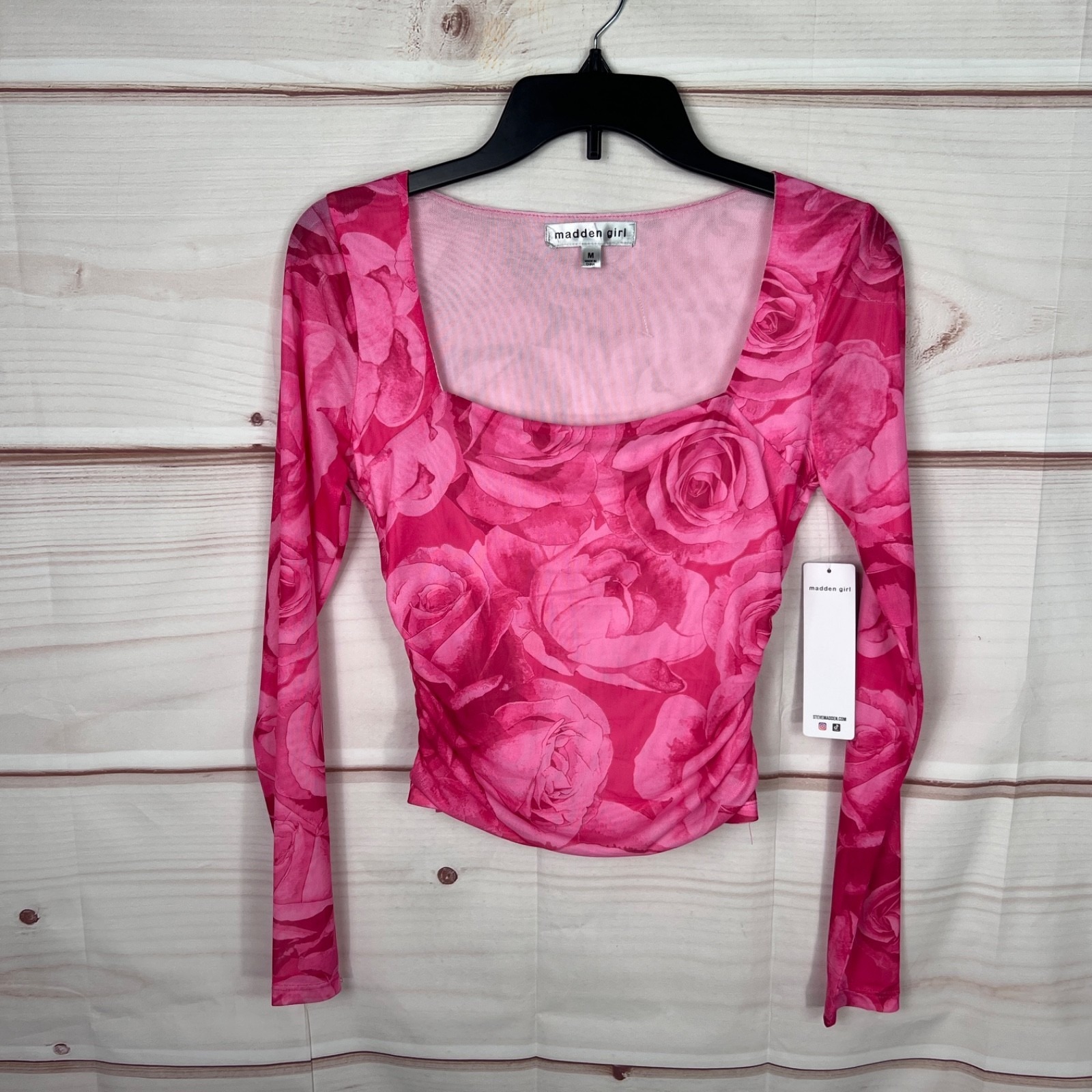 Madden Girl Top Juniors M Pink Rose Print Blouse Square Neck Mesh Long Sleeve